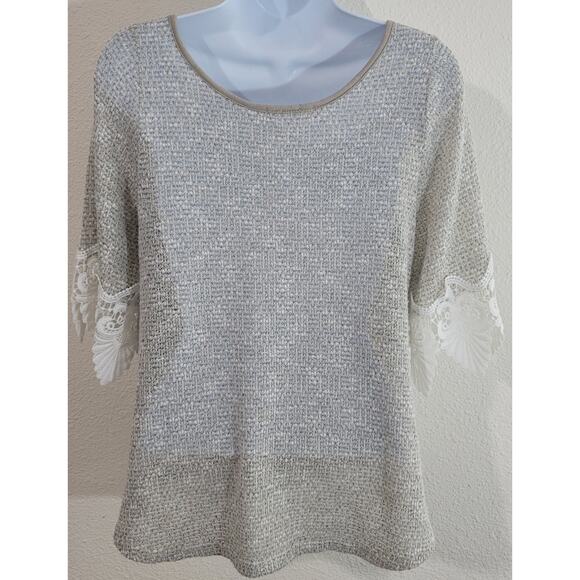 Le Lis Stitch Fix Tan Beige Hi Low Marled Knit Top Small Lace on Sleeves - Picture 3 of 5